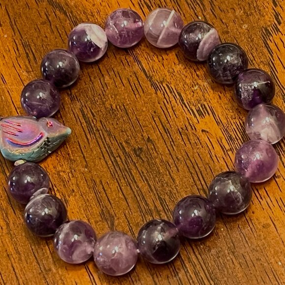 Amethyst Crystal 10mm with Cute Raku Bird Charm Stretch Bracelet - Picture 4 of 4